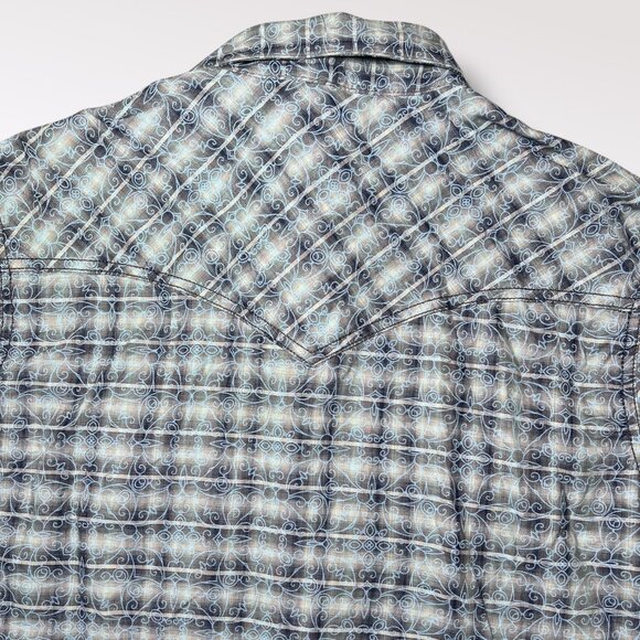Wrangler Retro Premium Blue Scroll Plaid Snap Shirt Long Sleeve Men’s Medium - Picture 7 of 7